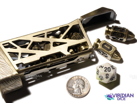 Six Shooter (Brushed Bronze) | Six-Shooter Brushed Bronze Round Bullet Ornate Shape | Metal Dice Set (7)