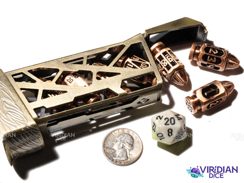 Six Shooter (Brushed Copper) | Six-Shooter Brushed Copper Round Ornate Bullet Shape | Metal Dice Set (7)