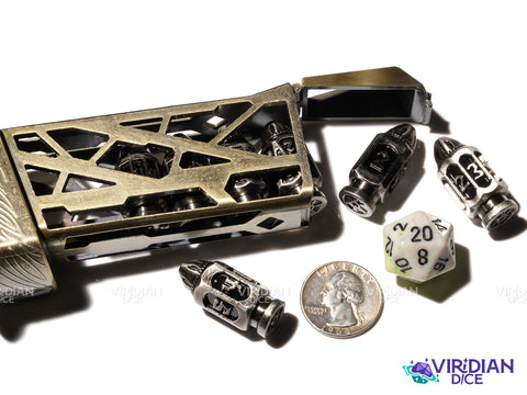 Six Shooter (Silver Bullet) | Six-Shooter Brushed Silver Round Bullet Ornate Shape | Metal Dice Set (7)