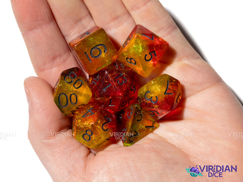 Torchlight | Fire and Flame, Red Orange and Yellow, Glitter | Resin Polyhedral Dice (7)