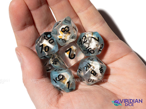 Deadly Mountain Pass | Frozen, Ice, Blue Nebula, Skull/Bone/Skeleton Charm | Resin Polyhedral Dice (7)