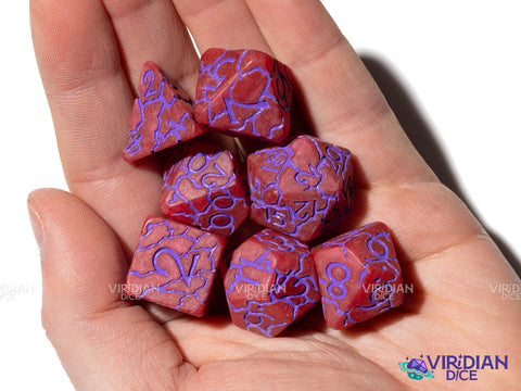 Unlimited (Purple) Power!!! | Purple & Red Lightning Crackle, Semi-Matte | Resin Polyhedral Dice (7)