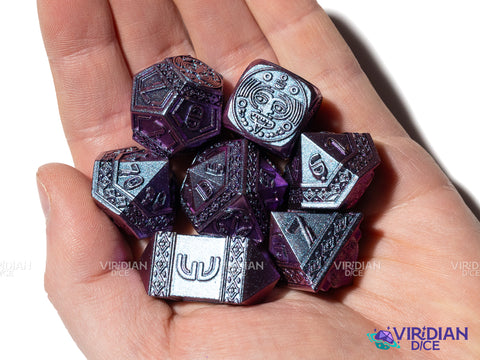 The Oracle | Blue-Purple Color-Change Aztec Ancient Civilization Style | Metal Dice Set (7)
