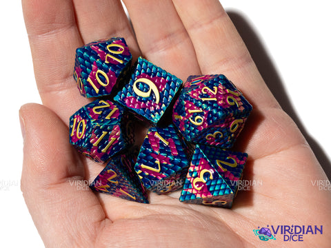 Dragonhide (Purple & Teal) | Scale Dragon Design | Metal Polyhedral Dice (7)
