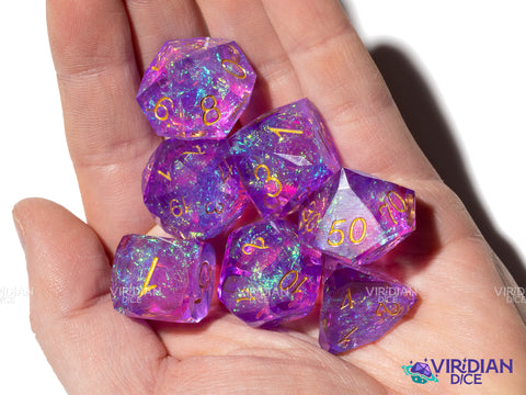 Gemcut Purple & Gold Set | Shiny, Sparkly, Glittery, Holographic, Faceted | Resin Polyhedral Dice (7)