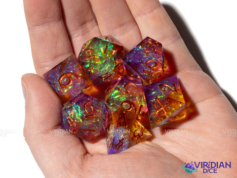 Radiant Hex | Purple, Orange and Gold, Holographic Film, Sharp-Edged | Resin Polyhedral Dice (7)