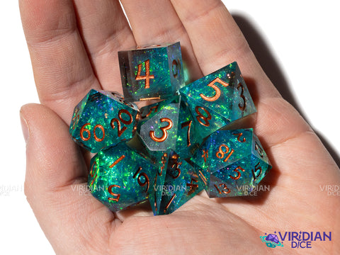Turquoise Slash | Holographic Film, Teal, Sparkly, Sharp-Edged | Resin Polyhedral Dice (7)