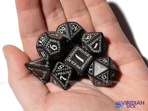 Runic Black & Glow White | Glow-In-The-Dark, Matte | Acrylic Polyhedral Dice Set (7)
