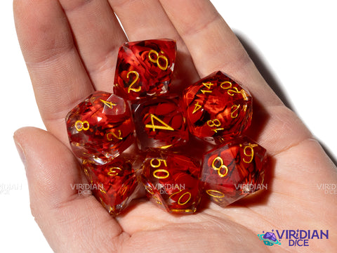 Red Lotus | Red Flowers, Clear | Resin Polyhedral Dice (7)
