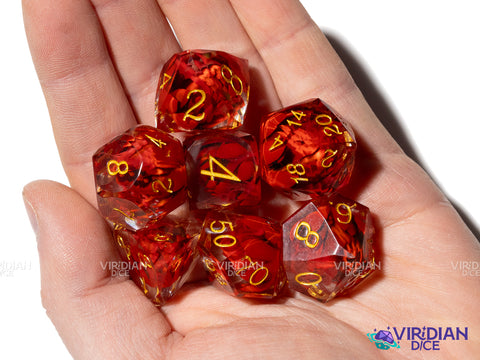 Red Lotus | Red Flowers, Clear | Resin Polyhedral Dice (7)