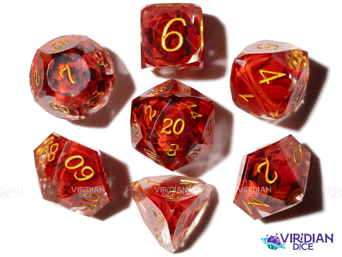 Red Lotus | Red Flowers, Clear | Resin Polyhedral Dice (7)