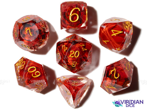 Red Lotus | Red Flowers, Clear | Resin Polyhedral Dice (7)