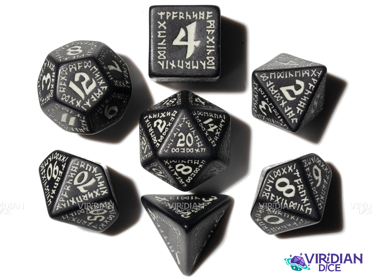 Runic Black & Glow White | Glow-In-The-Dark, Matte | Acrylic Polyhedral Dice Set (7)