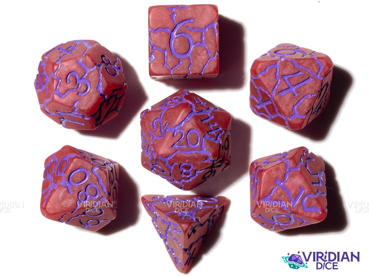Unlimited (Purple) Power!!! | Purple & Red Lightning Crackle, Semi-Matte | Resin Polyhedral Dice (7)