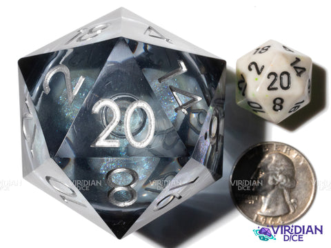 Full Moon Giant D20 (Liquid Core, 50mm) | Black, Clear, Translucent, Silver Ink, Grey-Blue, Sharp-Edged | Giant Resin D20 Die (1)