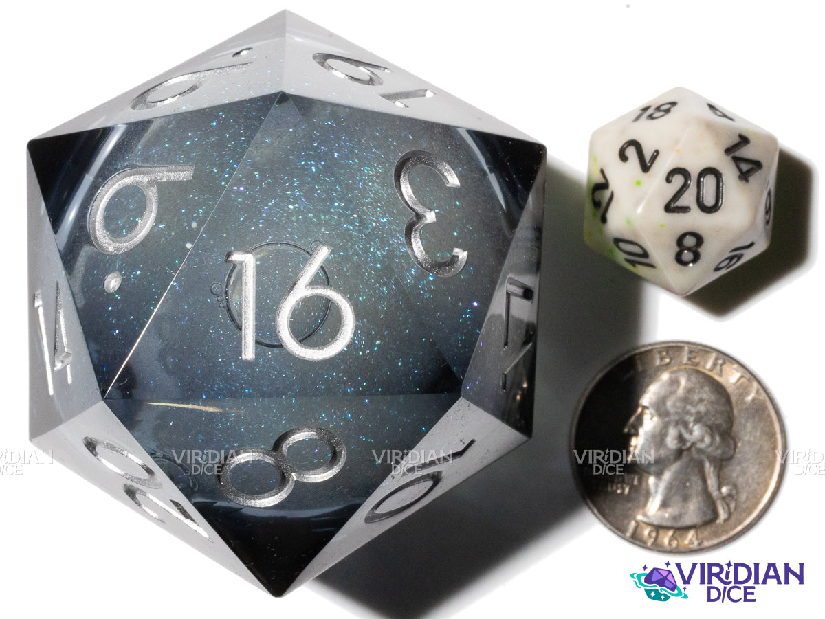 Full Moon Giant D20 (Liquid Core, 50mm) | Black, Clear, Translucent, Silver Ink, Grey-Blue, Sharp-Edged | Giant Resin D20 Die (1)