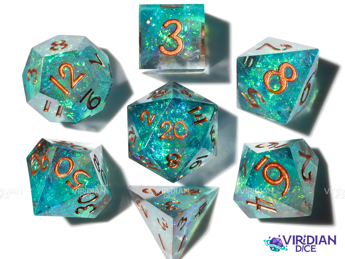 Turquoise Slash | Holographic Film, Teal, Sparkly, Sharp-Edged | Resin Polyhedral Dice (7)