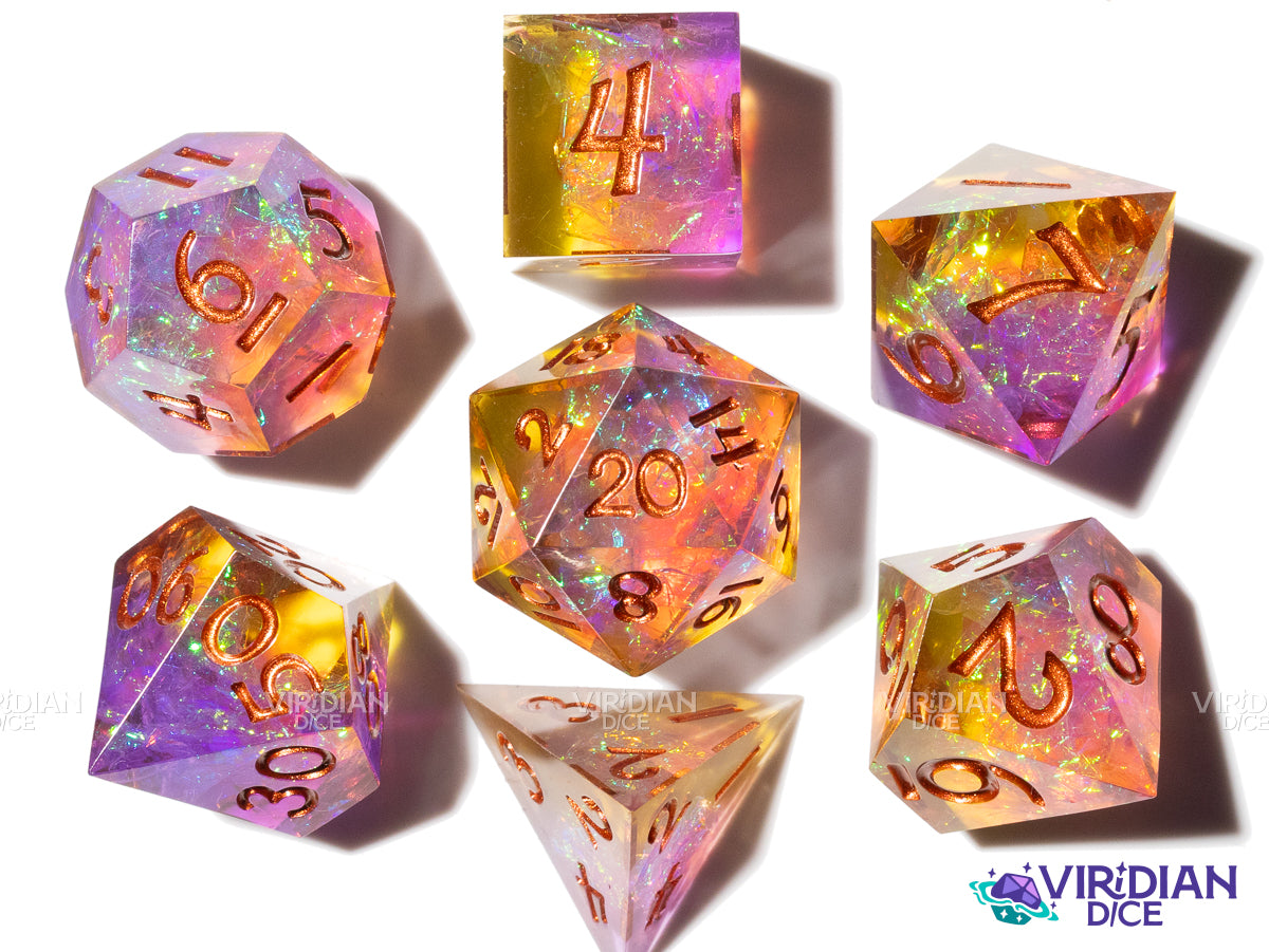 Radiant Hex | Purple, Orange and Gold, Holographic Film, Sharp-Edged | Resin Polyhedral Dice (7)
