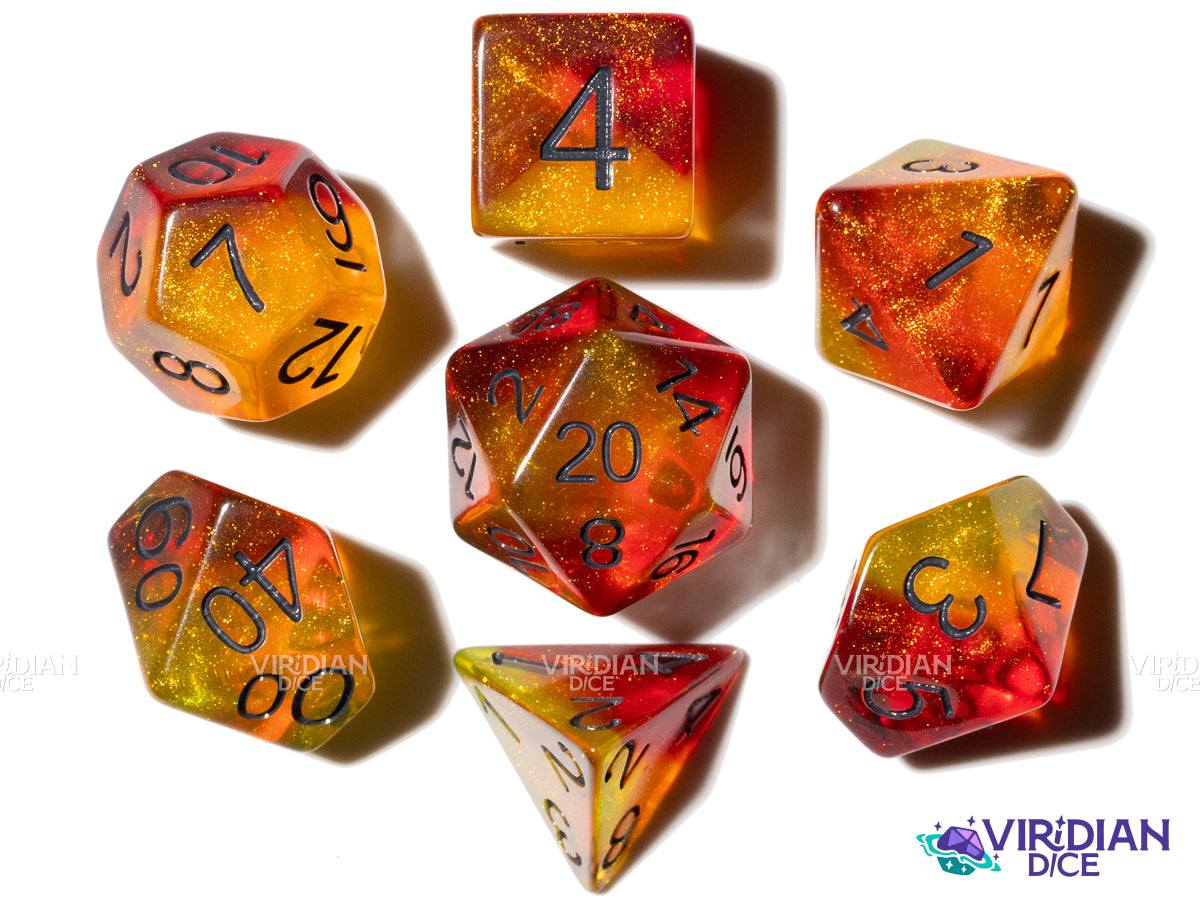 Torchlight | Fire and Flame, Red Orange and Yellow, Glitter | Resin Polyhedral Dice (7)