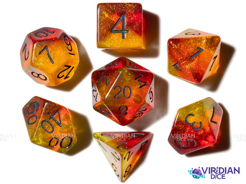 Torchlight | Fire and Flame, Red Orange and Yellow, Glitter | Resin Polyhedral Dice (7)