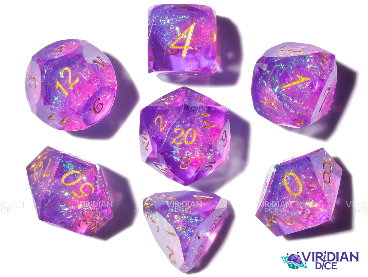 Gemcut Purple & Gold Set | Shiny, Sparkly, Glittery, Holographic, Faceted | Resin Polyhedral Dice (7)