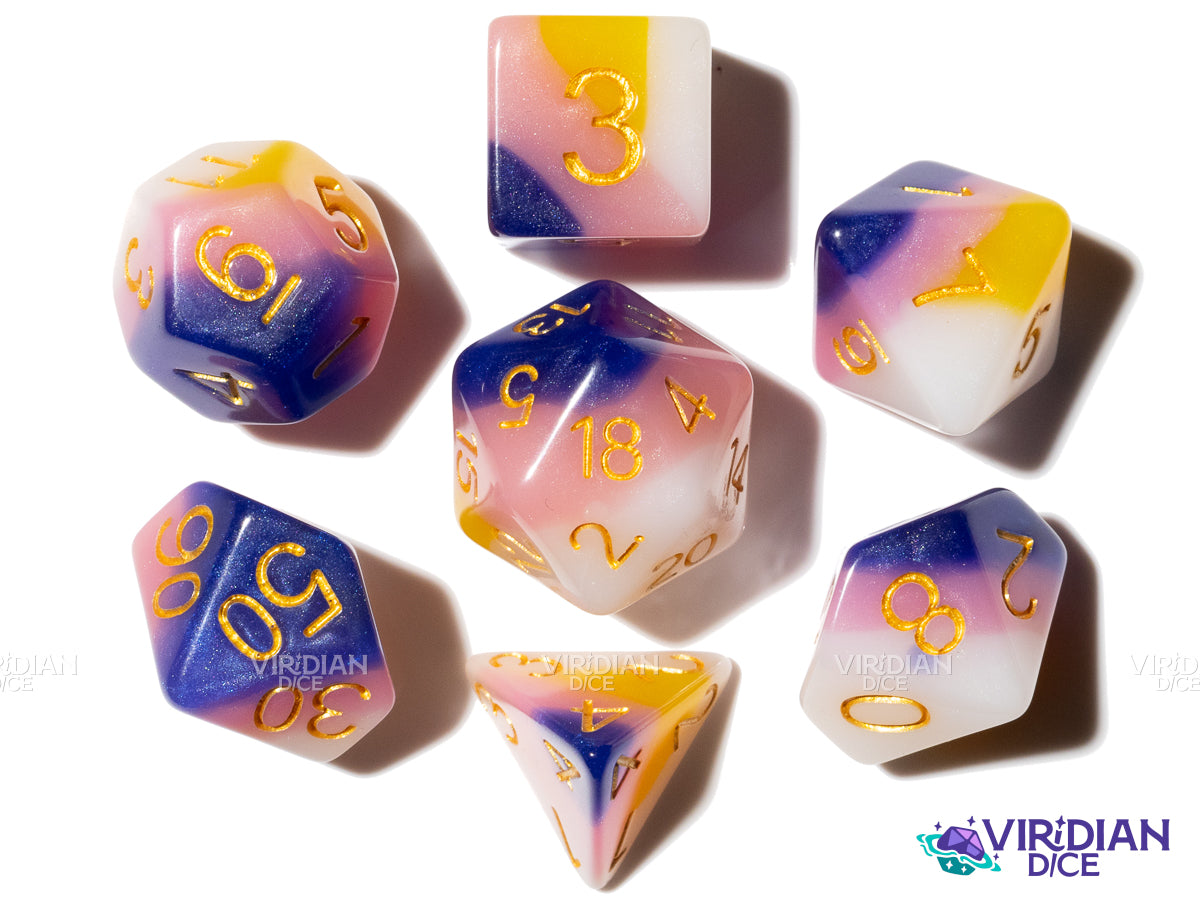 Valley of Heroes | Blue, Pink, Yellow, White Layers, Glitter | Resin Polyhedral Dice (7)