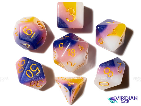 Valley of Heroes | Blue, Pink, Yellow, White Layers, Glitter | Resin Polyhedral Dice (7)