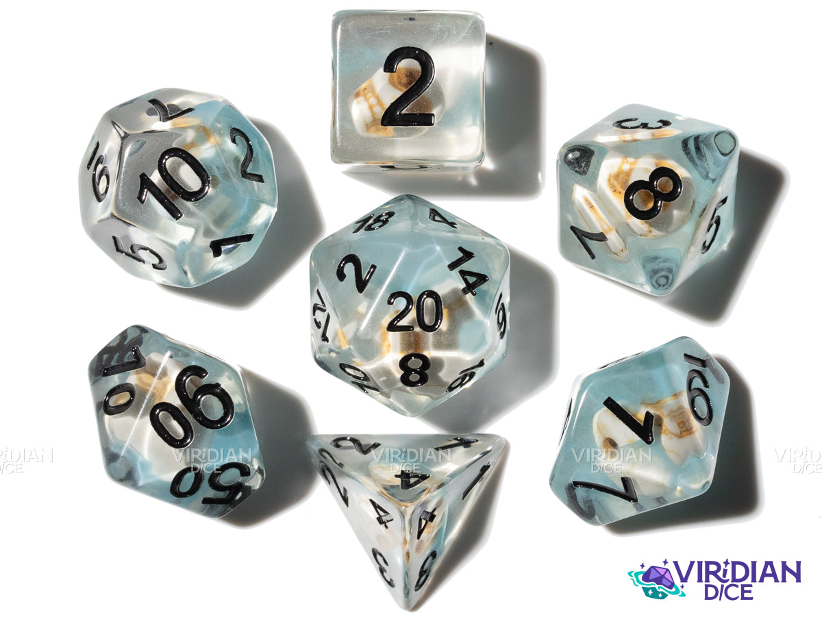 Deadly Mountain Pass | Frozen, Ice, Blue Nebula, Skull/Bone/Skeleton Charm | Resin Polyhedral Dice (7)