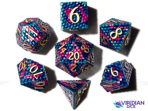 Dragonhide (Purple & Teal) | Scale Dragon Design | Metal Polyhedral Dice (7)