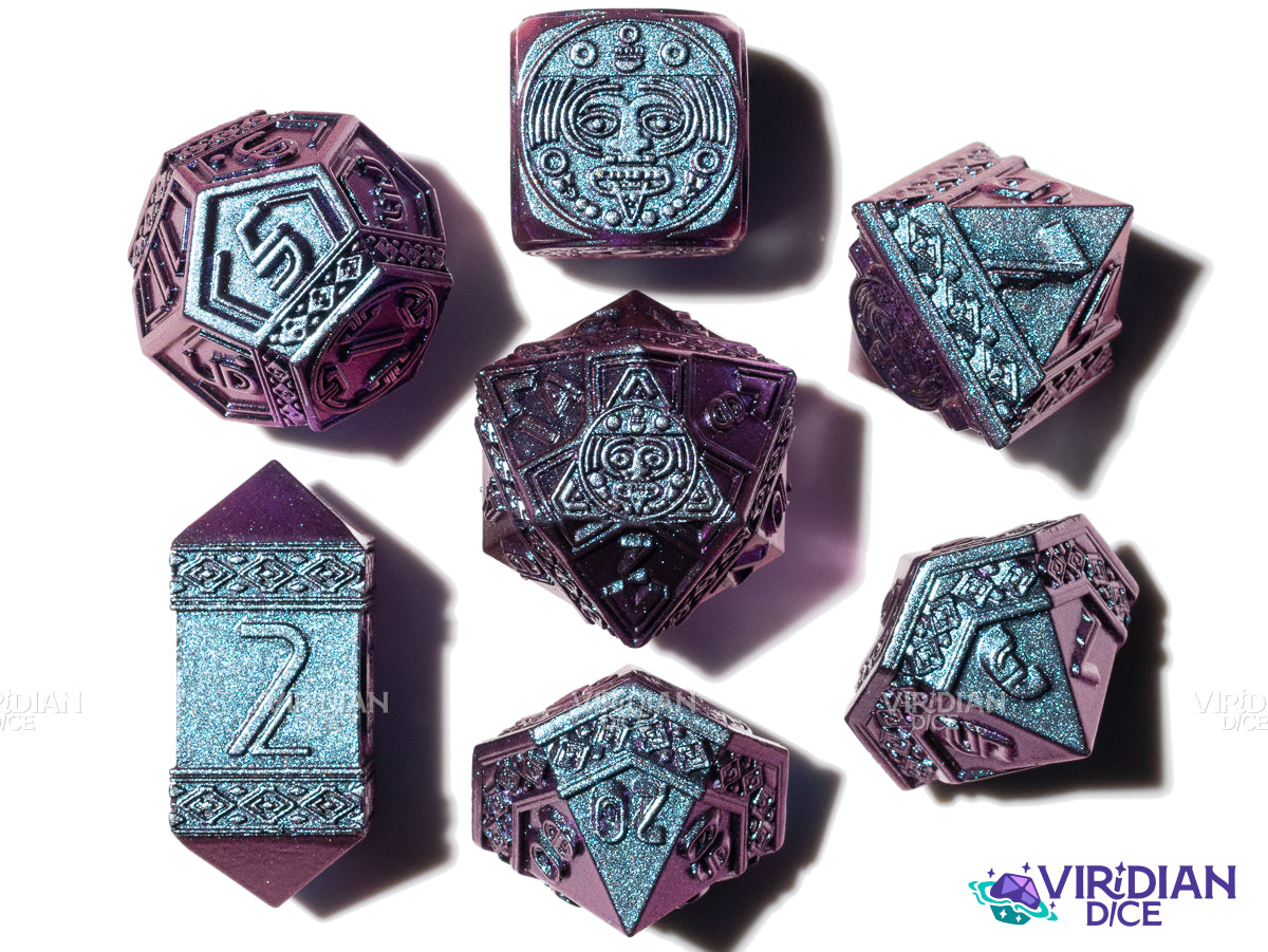 The Oracle | Blue-Purple Color-Change Aztec Ancient Civilization Style | Metal Dice Set (7)