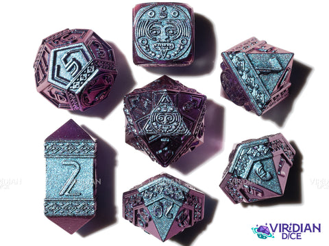 The Oracle | Blue-Purple Color-Change Aztec Ancient Civilization Style | Metal Dice Set (7)