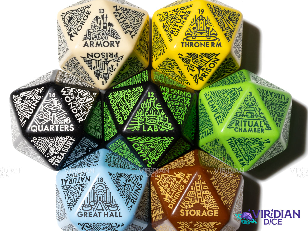 Dungeon: Room Generator Die | Create Room-Types for Castles/Hideouts/Caves/Locations, D&D Random Dice, From Ritual Chambers to Throne Rooms, Improv, 31mm | Acrylic Giant D20 (1)