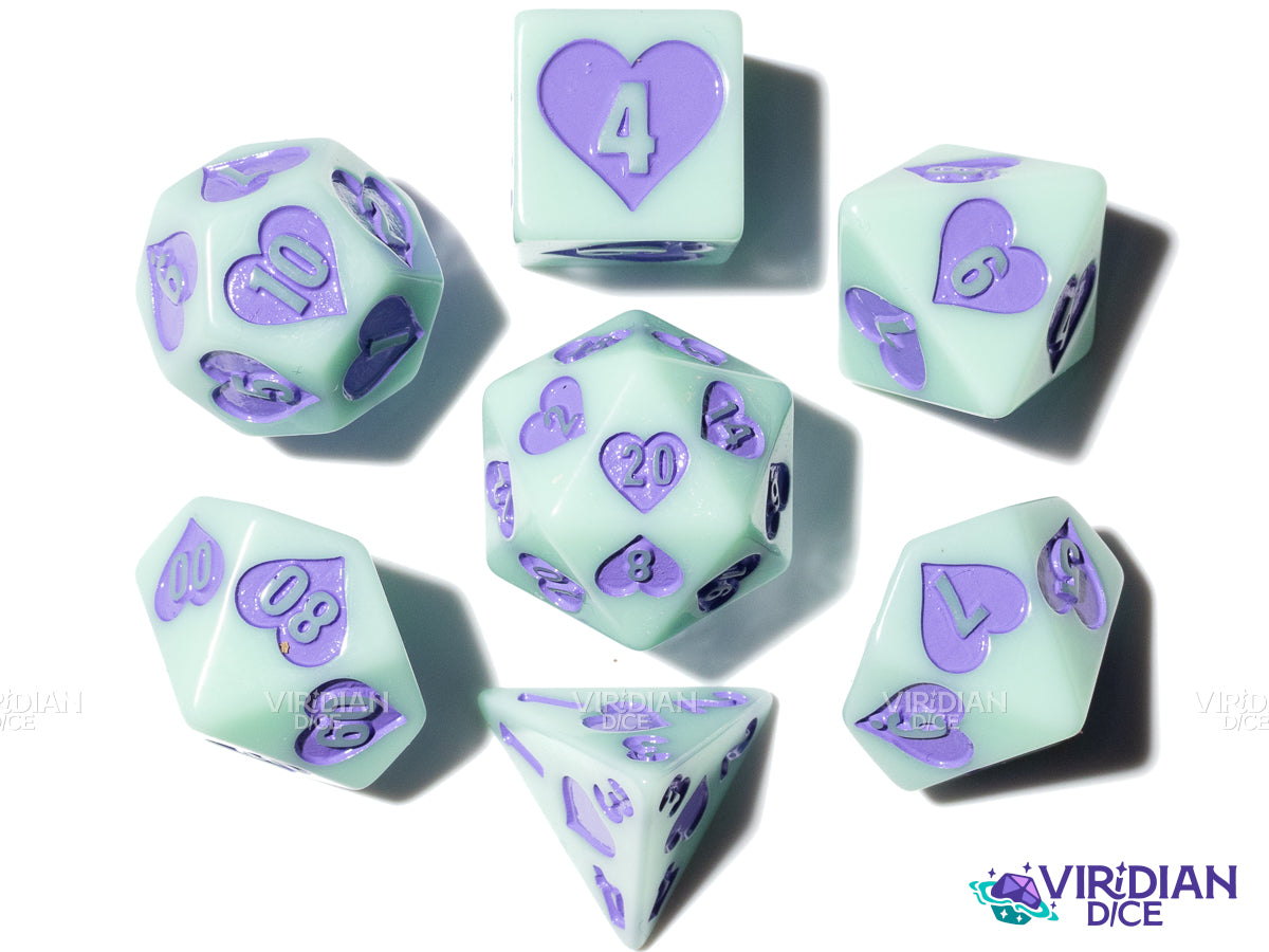 Circus Sweetie | Purple and Mint Blue, Hearts, Pastel | Resin Polyhedral Dice (7)