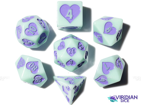 Circus Sweetie | Purple and Mint Blue, Hearts, Pastel | Resin Polyhedral Dice (7)