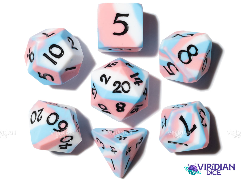 Trans (Super Silicone) | Pink, White and Blue Swirled Pride Flag | Silicone Polyhedral Dice (7)