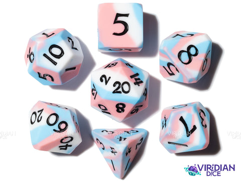 Trans (Super Silicone) | Pink, White and Blue Swirled Pride Flag | Silicone Polyhedral Dice (7)