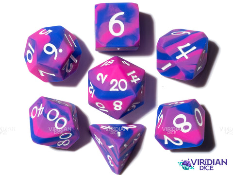 Cotton Eraser Candy (Super Silicone) | Pink, Blue-Purple Swirled, White Ink, Corner Cut | Silicone Polyhedral Dice (7)