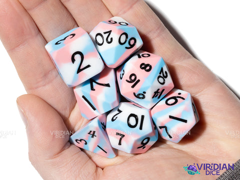 Trans (Super Silicone) | Pink, White and Blue Swirled Pride Flag | Silicone Polyhedral Dice (7)