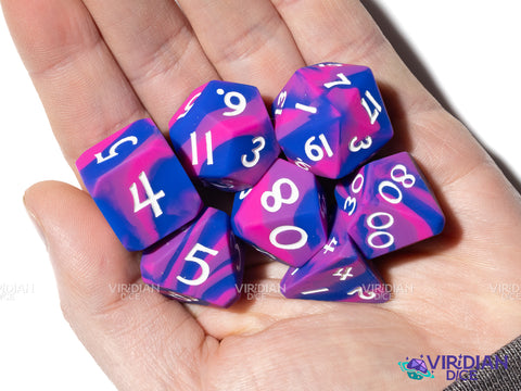 Cotton Eraser Candy (Super Silicone) | Pink, Blue-Purple Swirled, White Ink, Corner Cut | Silicone Polyhedral Dice (7)