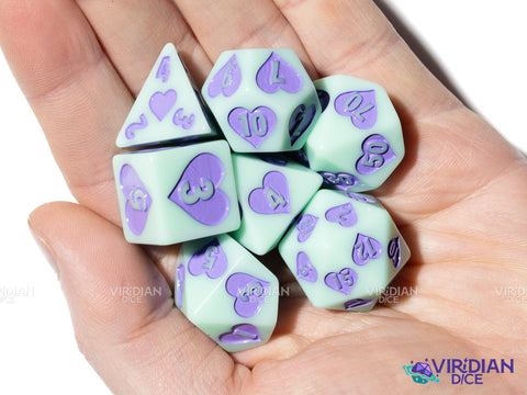 Circus Sweetie | Purple and Mint Blue, Hearts, Pastel | Resin Polyhedral Dice (7)