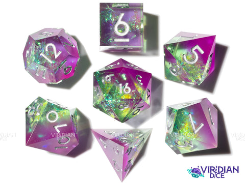 Melinoe's Incantation | Purple, Green, Sharp-Edged, Silver Ink | Resin Polyhedral Dice (7)