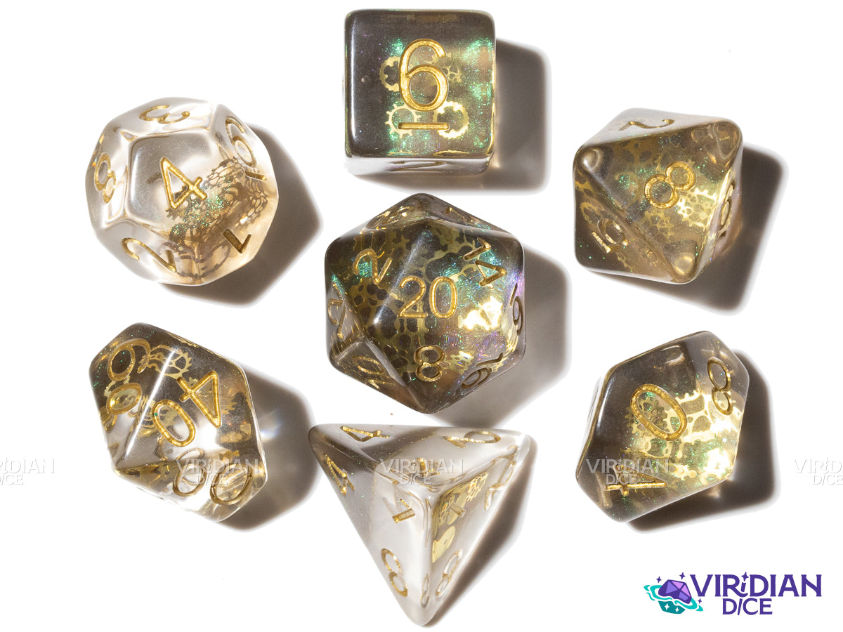 Glitter Gears | Golden Gears, Translucent-Clear, Brown Glitter | Resin Dice Set (7)