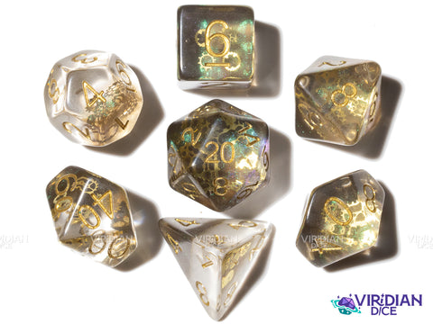 Glitter Gears | Golden Gears, Translucent-Clear, Brown Glitter | Resin Dice Set (7)