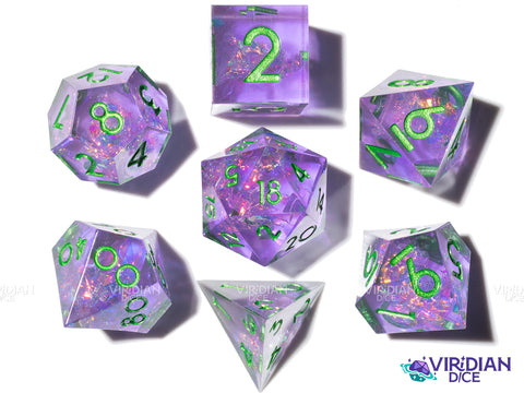 Chaotic Charmer | Translucent Purple, Pink Holographic Film, Dark Green Ink, Sharp Edged | Resin Dice Set (7)