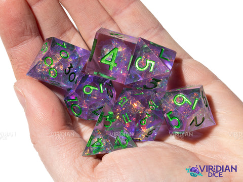 Chaotic Charmer | Translucent Purple, Pink Holographic Film, Dark Green Ink, Sharp Edged | Resin Dice Set (7)
