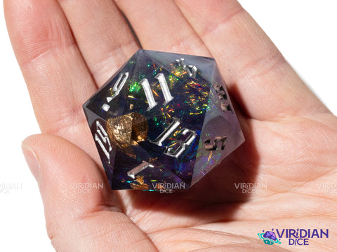 Hurricane (D20) | Dark Blue & White Mist, Silver Ink, Holographic Foil | Resin Giant D20 (1)