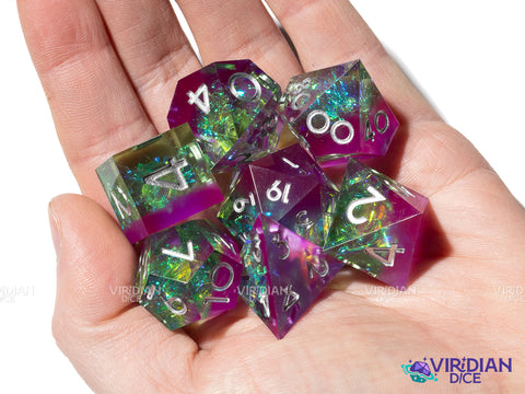 Melinoe's Incantation | Purple, Green, Sharp-Edged, Silver Ink | Resin Polyhedral Dice (7)
