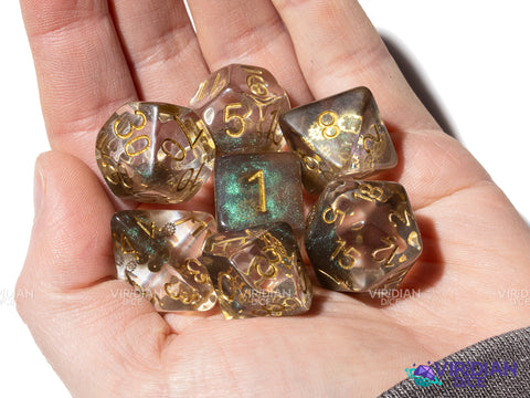Glitter Gears | Golden Gears, Translucent-Clear, Brown Glitter | Resin Dice Set (7)