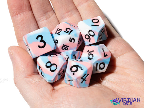 Trans (Super Silicone) | Pink, White and Blue Swirled Pride Flag | Silicone Polyhedral Dice (7)