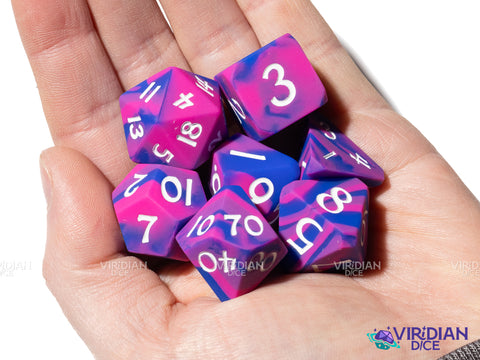 Cotton Eraser Candy (Super Silicone) | Pink, Blue-Purple Swirled, White Ink, Corner Cut | Silicone Polyhedral Dice (7)
